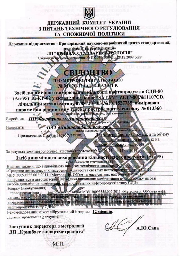Свідоцтво про метрологічну атестацію №М020-11 від 14.09.2011